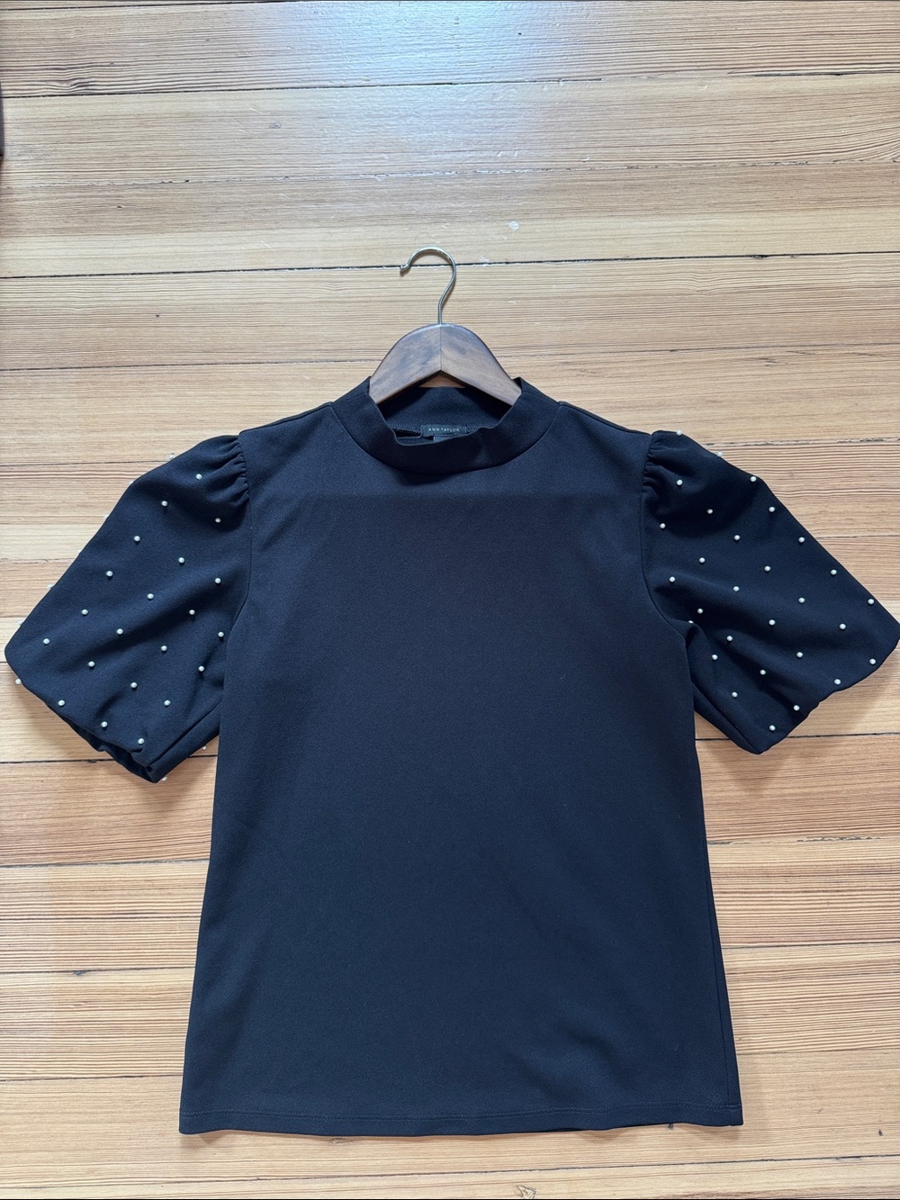Ann Taylor Black Puff Sleeve Top with Pearls on Sleeve